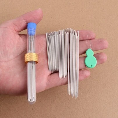 大眼現代手工縫紉針，50入組高級大眼縫紉針，帶穿線器和 2入組存儲管 5 號大眼尖頭縫合針，用於縫合工藝項目和刺繡