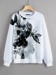 SHEIN LUNE Drop Shoulder Floral Print Pullover  Fall Outfit - White - View 1