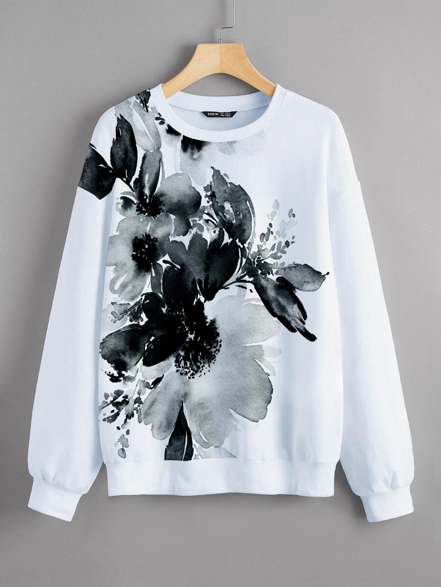 SHEIN LUNE Drop Shoulder Floral Print Pullover  Fall Outfit - White - View 1