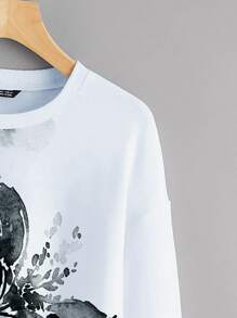 SHEIN LUNE Drop Shoulder Floral Print Pullover  Fall Outfit - White - View 5