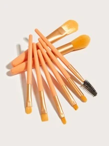 8 piezas Juego de brochas de maquillaje naranja mini Kabuki, brochas para sombras de ojos, colorete y polvos faciales, para maquillaje mineral y líquido, de fibra suave, juego de brochas, kit de maquillaje completo, set de regalo de maquillaje - Naranja - Ver 2