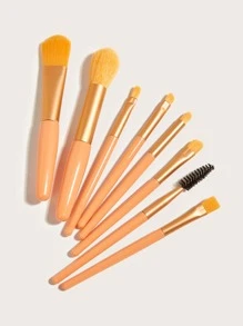 8 piezas Juego de brochas de maquillaje naranja mini Kabuki, brochas para sombras de ojos, colorete y polvos faciales, para maquillaje mineral y líquido, de fibra suave, juego de brochas, kit de maquillaje completo, set de regalo de maquillaje - Naranja - Ver 4