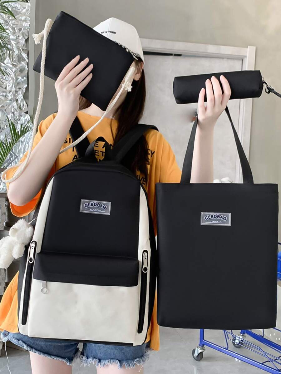 4pcs Colourblock Letter Patch Backpack Set - Black - View 1