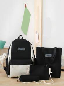 4pcs Colourblock Letter Patch Backpack Set - Black - View 2