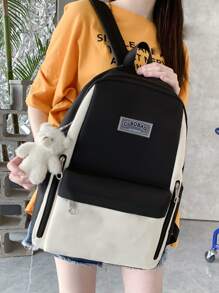 4pcs Colourblock Letter Patch Backpack Set - Black - View 4