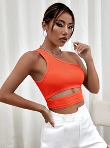 SHEIN Privé 單肩鏤空短款上衣 - 橘色 - 查看 3