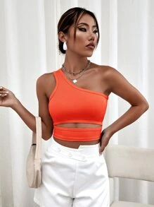 SHEIN Privé 單肩鏤空短款上衣 - 橘色 - 查看 5