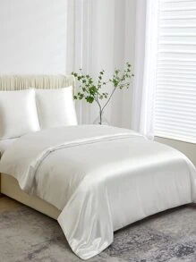 Satin Duvet Cover Set, Bedding Set, Solid Color Quilt Cover Set (1pc Duvet Cover And 2pcs Pillowcase) - White - View 3