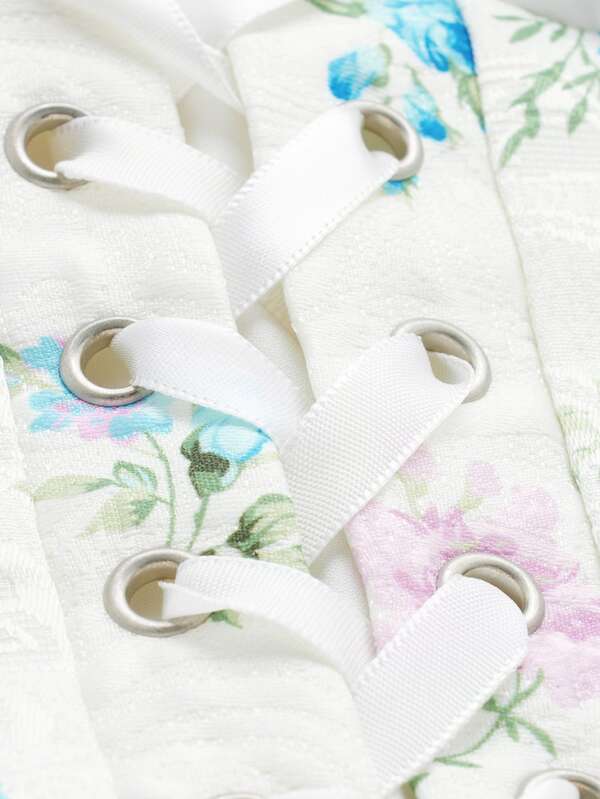 SHEIN MOD Floral Print Bell Sleeve Corset Waist Tie Front 2 In 1 Dress