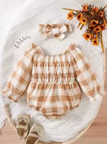 嬰兒格紋打攬木耳邊荷葉袖連身背心附髮帶