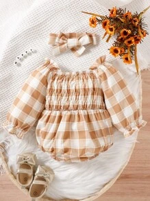 嬰兒格紋打攬木耳邊荷葉袖連身背心附髮帶
