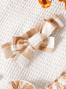 嬰兒格紋打攬木耳邊荷葉袖連身背心附髮帶