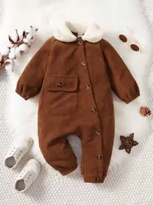 嬰兒男孩對比色borg立領口袋斜紋插肩粗絨棉連體褲 - 咖啡棕 - 查看 1