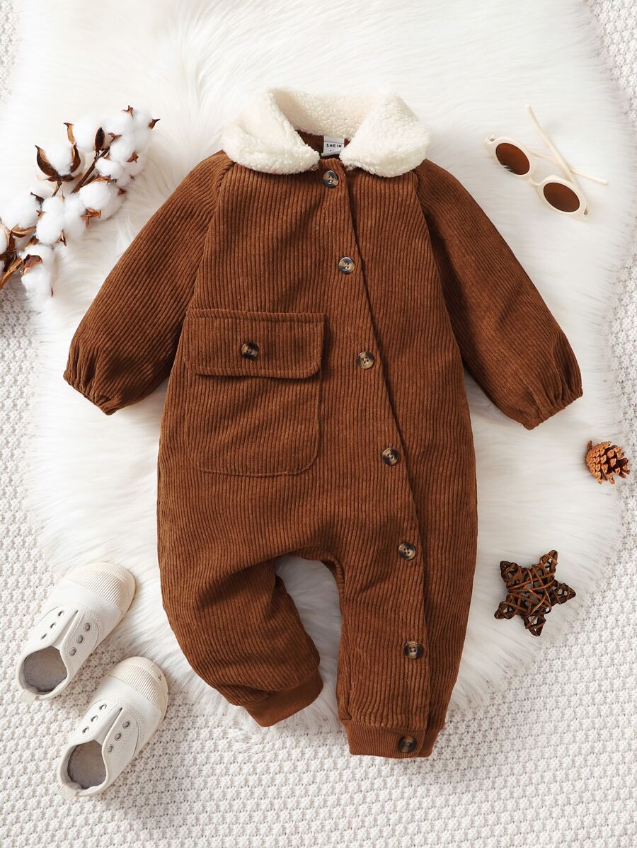 嬰兒男孩對比色borg立領口袋斜紋插肩粗絨棉連體褲 - 咖啡棕 - 查看 1