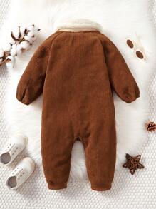 嬰兒男孩對比色borg立領口袋斜紋插肩粗絨棉連體褲 - 咖啡棕 - 查看 2