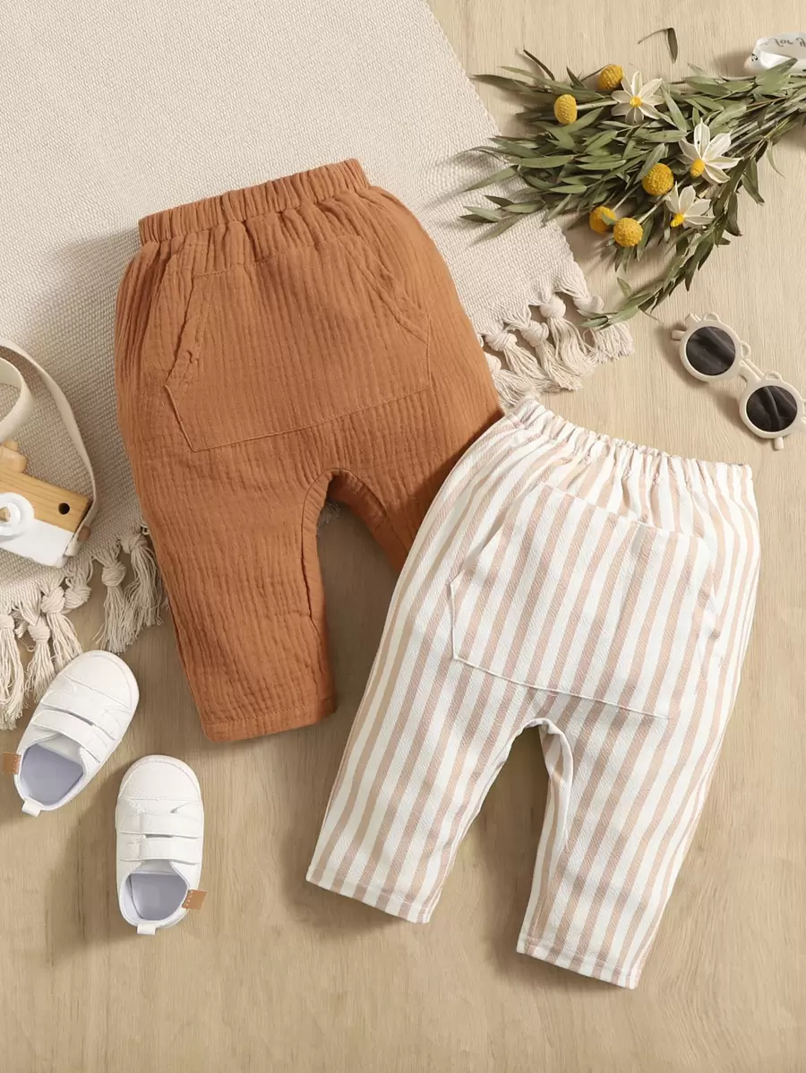 Baby 2pcs Striped Kangaroo Pocket Trousers - Multicolor - View 1