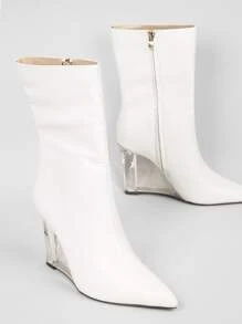 Faux Leather Pull On Ankle Booties - White - View 2