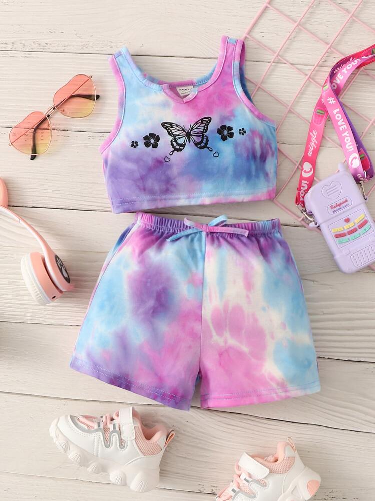 SHEIN Baby Girl Tie Dye Butterfly & Floral Print Tank Top And Drawstring Waist Shorts - Multicolor - View 1