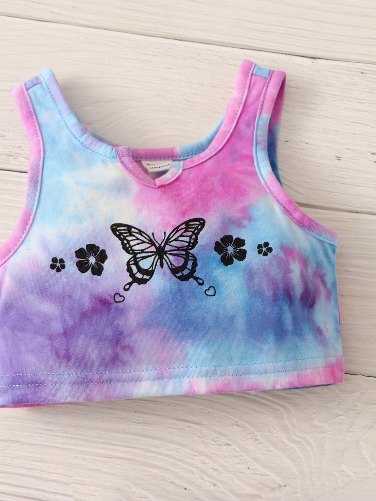 SHEIN Baby Girl Tie Dye Butterfly & Floral Print Tank Top And Drawstring Waist Shorts - Multicolor - View 3