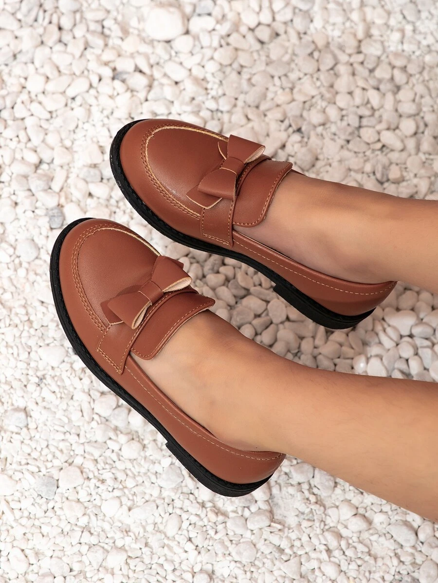 Girls Bow Decor Slip-On Loafers - Brown - View 1