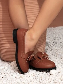 Girls Bow Decor Slip-On Loafers - Brown - View 4