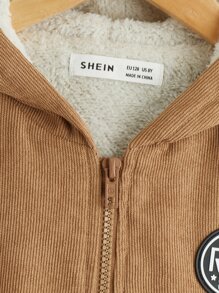 SHEIN 男孩字母補丁細節毛絨內襯連帽夾克