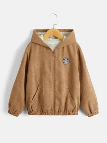 SHEIN 男孩字母補丁細節毛絨內襯連帽夾克