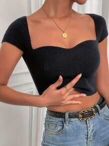 Chiquease 羅紋針織雞心領口針織短上衣 - 黑色 - 查看 4