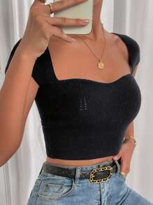 Chiquease 羅紋針織雞心領口針織短上衣 - 黑色 - 查看 5