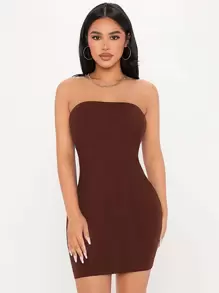 SHEIN PETITE Solid Bodycon Tube Dress - Coffee Brown - View 1