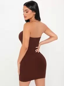 SHEIN PETITE Solid Bodycon Tube Dress - Coffee Brown - View 2
