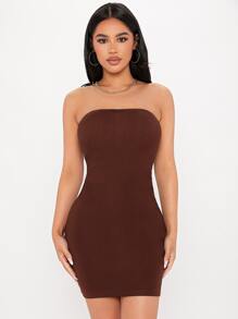 SHEIN PETITE Solid Bodycon Tube Dress - Coffee Brown - View 3
