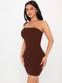 SHEIN PETITE Solid Bodycon Tube Dress - Coffee Brown - View 4