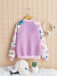 SHEIN 女孩印花前紐扣插肩袖學院風夾克 - 紫丁香色 - 查看 2
