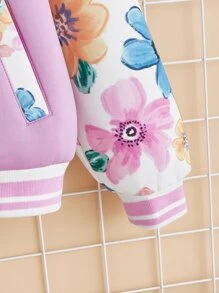 SHEIN 女孩印花前紐扣插肩袖學院風夾克 - 紫丁香色 - 查看 3