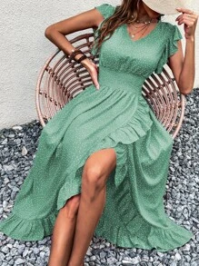 Breezaya Polka Dot Print Butterfly Sleeve Shirred Ruffle Trim Wrap Hem Dress - Green - View 1