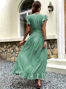 Breezaya Polka Dot Print Butterfly Sleeve Shirred Ruffle Trim Wrap Hem Dress - Green - View 2