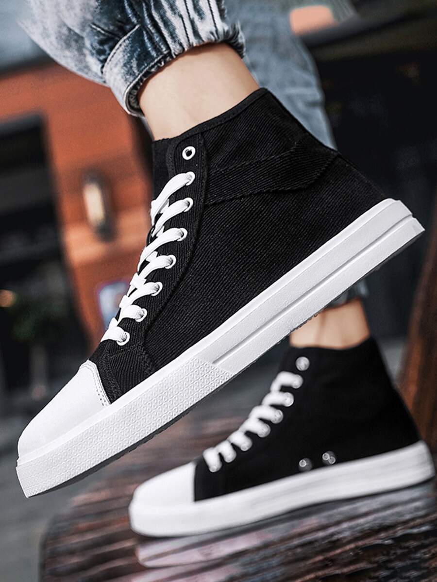 Men High Top Lace-up Front Canvas Shoes - Black and White - View 1