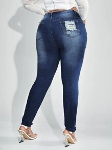 SHEIN SXY 大碼高腰漂白水洗破洞緊身牛仔褲 - 深色水洗藍 - 查看 2