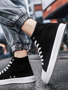 Men High Top Lace-up Front Canvas Shoes - Black and White - View 2