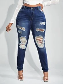 SHEIN SXY 大碼高腰漂白水洗破洞緊身牛仔褲 - 深色水洗藍 - 查看 3