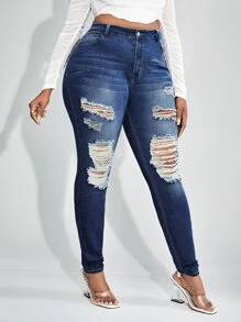 SHEIN SXY 大碼高腰漂白水洗破洞緊身牛仔褲 - 深色水洗藍 - 查看 4