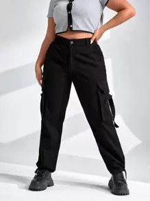 SHEIN Plus High Waist Flap Pocket Cargo Jeans - Black - View 1