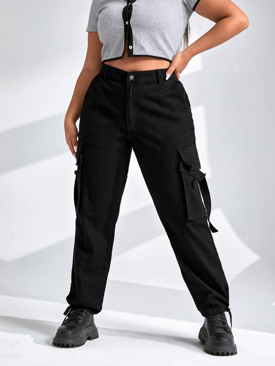 SHEIN Plus High Waist Flap Pocket Cargo Jeans - Black - View 1
