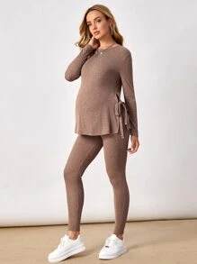 SHEIN Maternity Solid Knot Side Long Sleeve Tee & Adjustable Waist Leggings - Mocha Brown - View 5