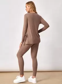SHEIN Maternity Solid Knot Side Long Sleeve Tee & Adjustable Waist Leggings - Mocha Brown - View 2
