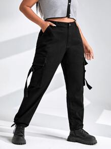 SHEIN Plus High Waist Flap Pocket Cargo Jeans - Black - View 4