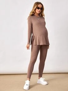 SHEIN Maternity Solid Knot Side Long Sleeve Tee & Adjustable Waist Leggings - Mocha Brown - View 4