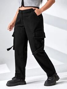 SHEIN Plus High Waist Flap Pocket Cargo Jeans - Black - View 6