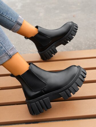 Fall/Winter Plus Size Women Fashion Thick Sole Chelsea Black Ankle Boots, Leather Surface Waterproof Elastic Shaft Versatile Wide Leg Riding Boots